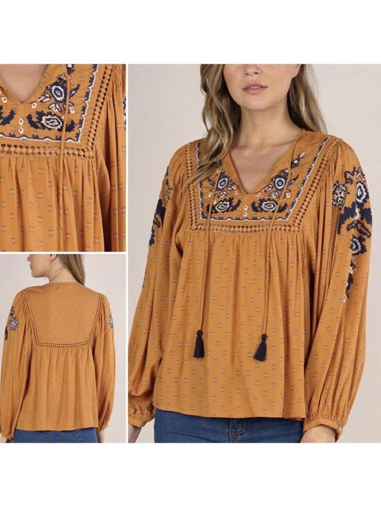 Tantrums Tops - Tantrums Blouse Womens XXL Mustard Embroidered Boho Peasant Tassel Folk Top